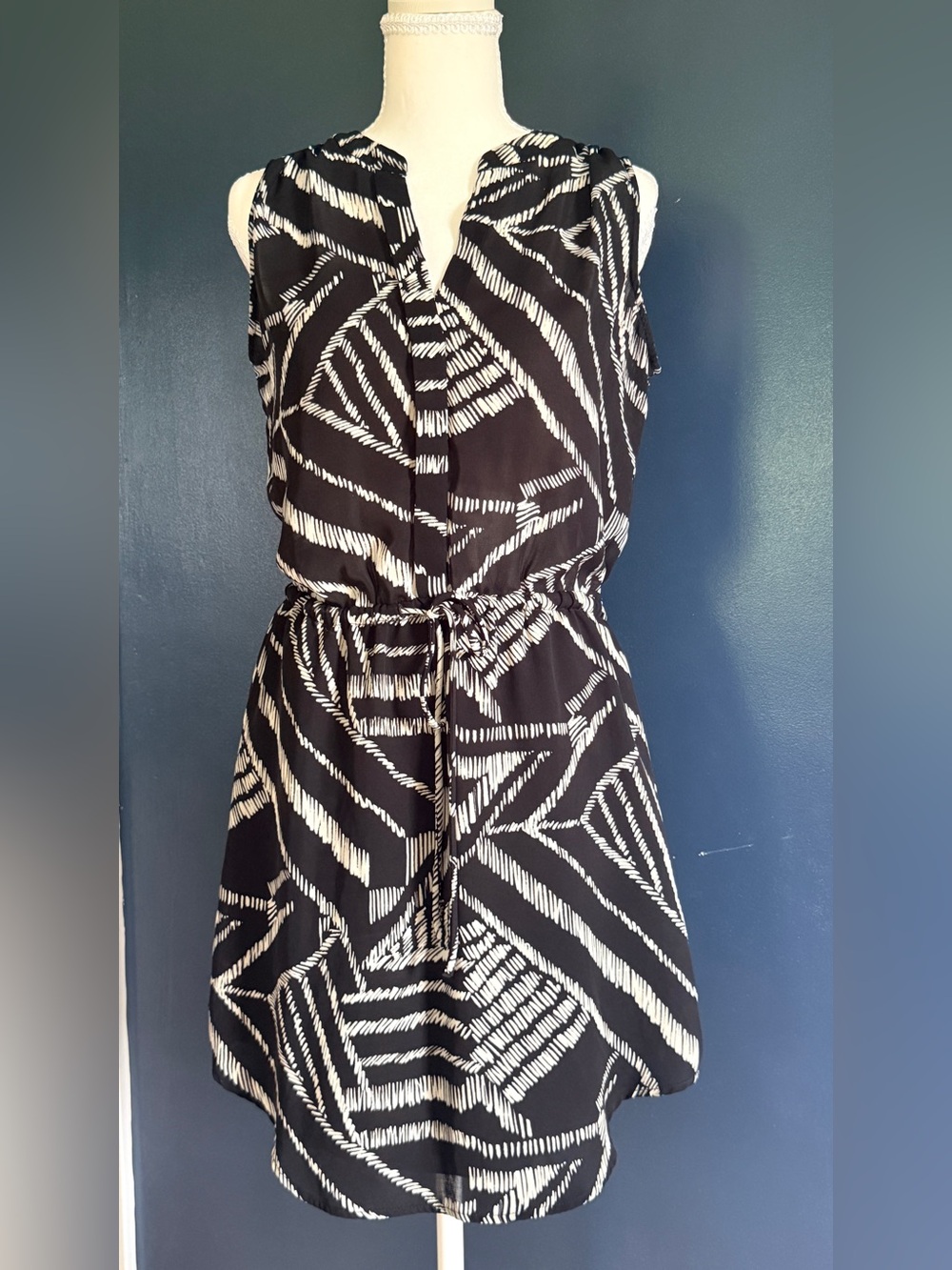 GAP Black & White Sleeveless Mini Dress with Drawstring Waist